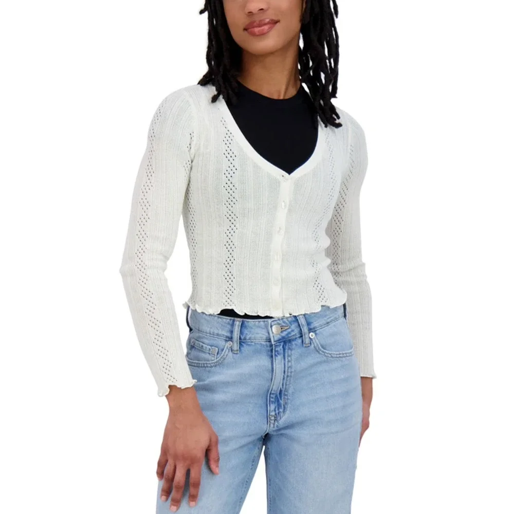 Aeropostale Womens Cropped Cardigan White V-Neck Lettuce Trim Size S